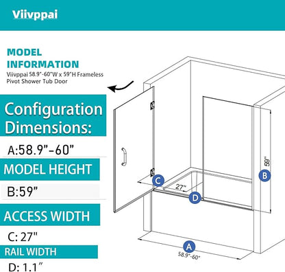 Pivot Swing Bathtub Door, Adjustable Width 60" W x 59" H Semi-Frameless Shower - Image 3