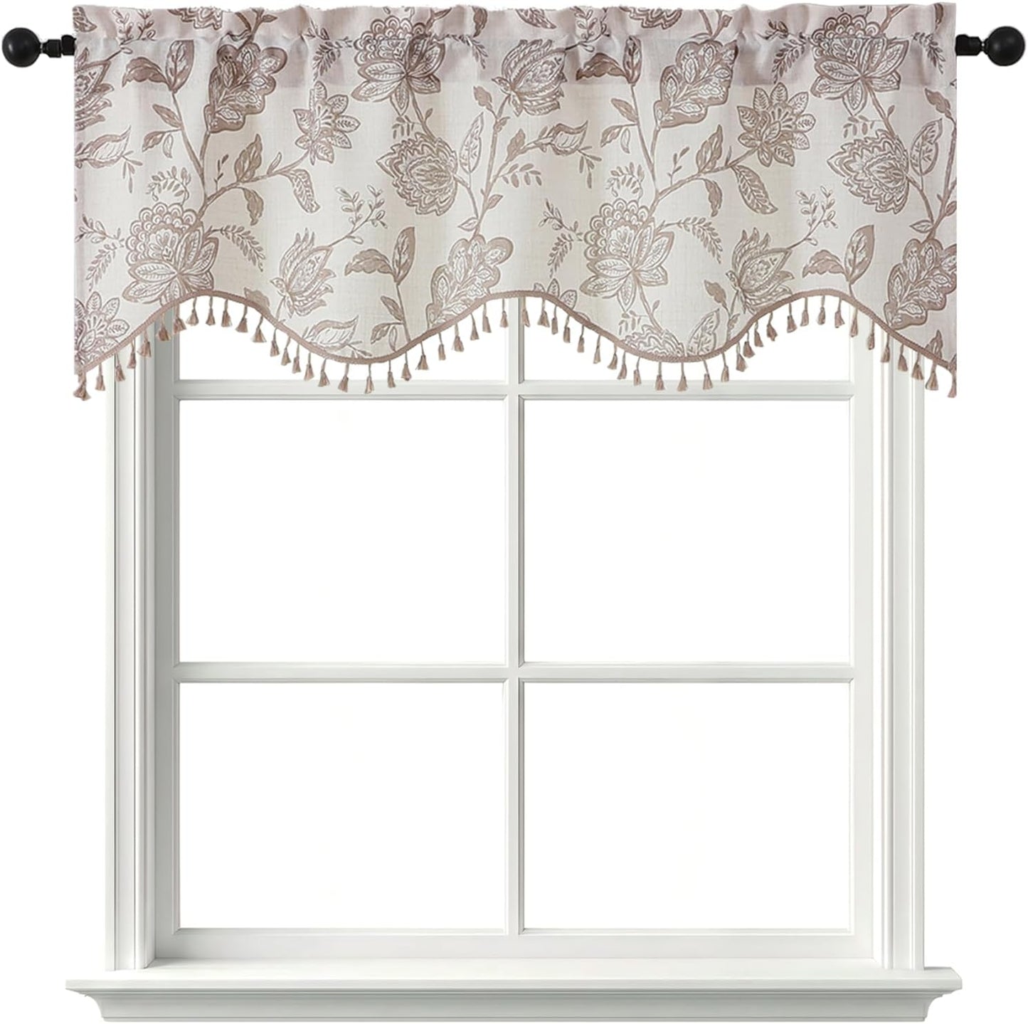 Scalloped Valance for Windows - Faux Linen Textured Short Kitchen Valance with Tassels, Farmhouse Floral Printed Small Window Curtains for Bathroom Basement RV, 1 Piece, 52Wx18L Inches, Taupe
