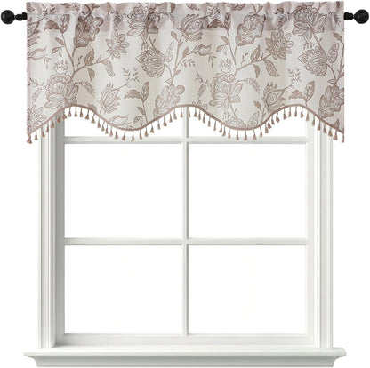 Scalloped Valance for Windows - Faux Linen Textured Short Kitchen Valance with Tassels, Farmhouse Floral Printed Small Window Curtains for Bathroom Basement RV, 1 Piece, 52Wx18L Inches, Taupe