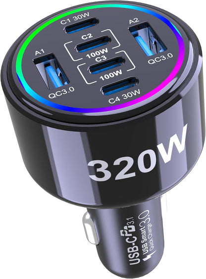 320w usb c car charger, 6 ports type, main product view