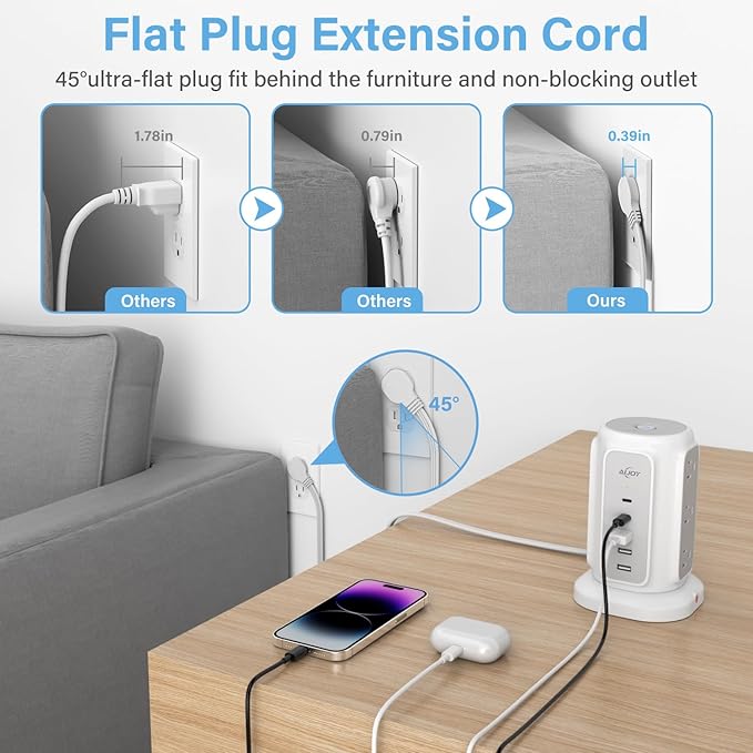 AiJoy Flat Plug Power Strip Tower 9 Outlets and 5 USB Ports, 1200J Surge - Image 4