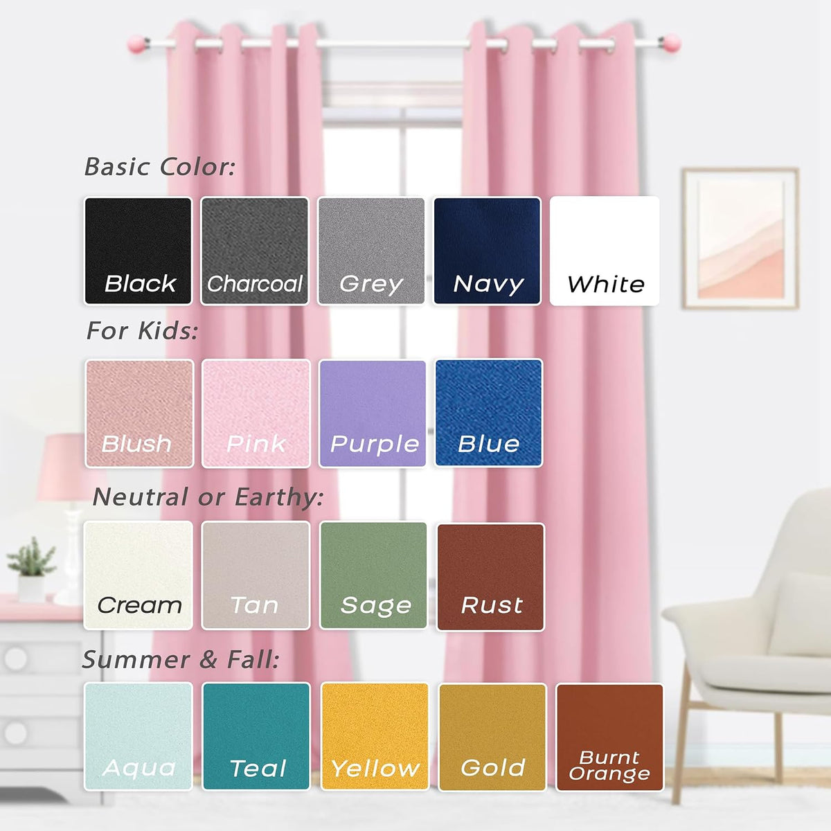 Mrs.Naturall Light Pink Blackout Curtains for Dorm, 52" W x 84" L Grommet Easy Sliding Black Out Drapes for Girls Room Bedroom College Room Decor