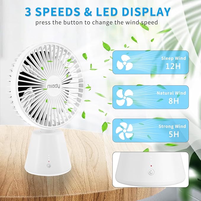 Miady USB Desk Fan, Upgraded 5000mAh Portable Desktop Fan 135°Auto-Oscillating - Image 2