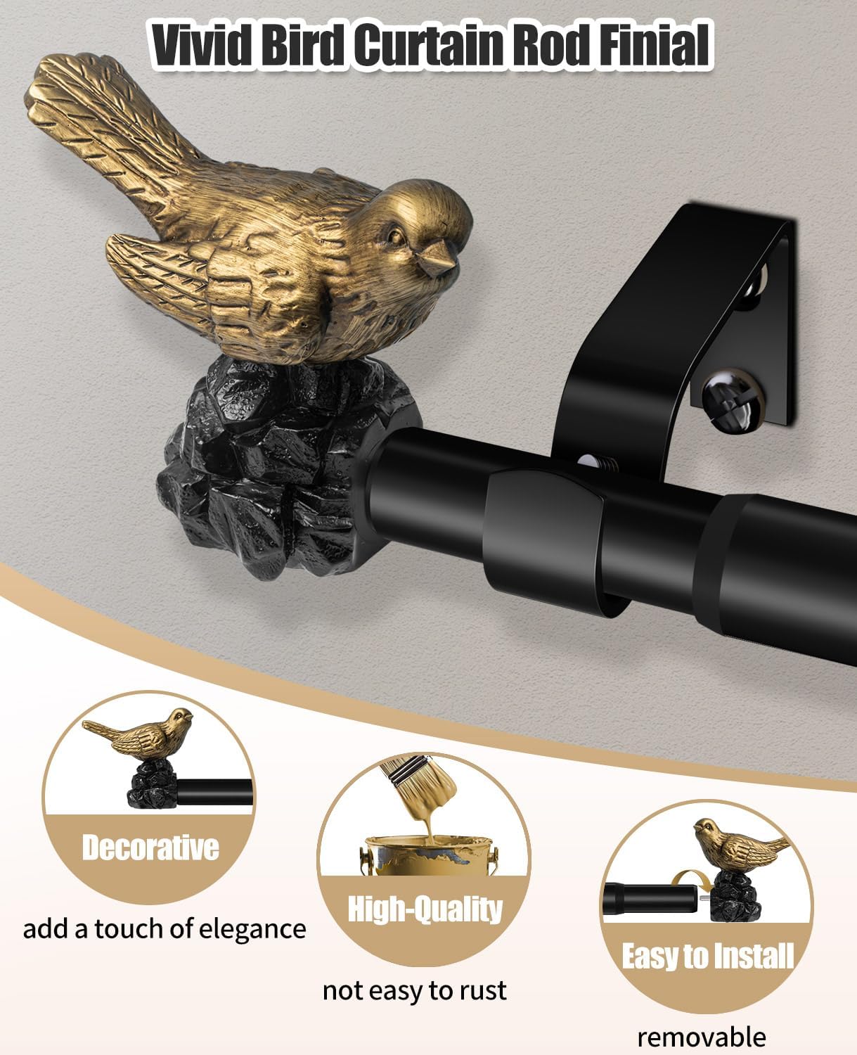 1 or 7/8 Inch Bird-Shaped Decorative Finials for Curtain Rods,Curtain Rod Ends Metal Curtain Rod Finials Ends Easy to Install Set of 2 Rod End (Gold)