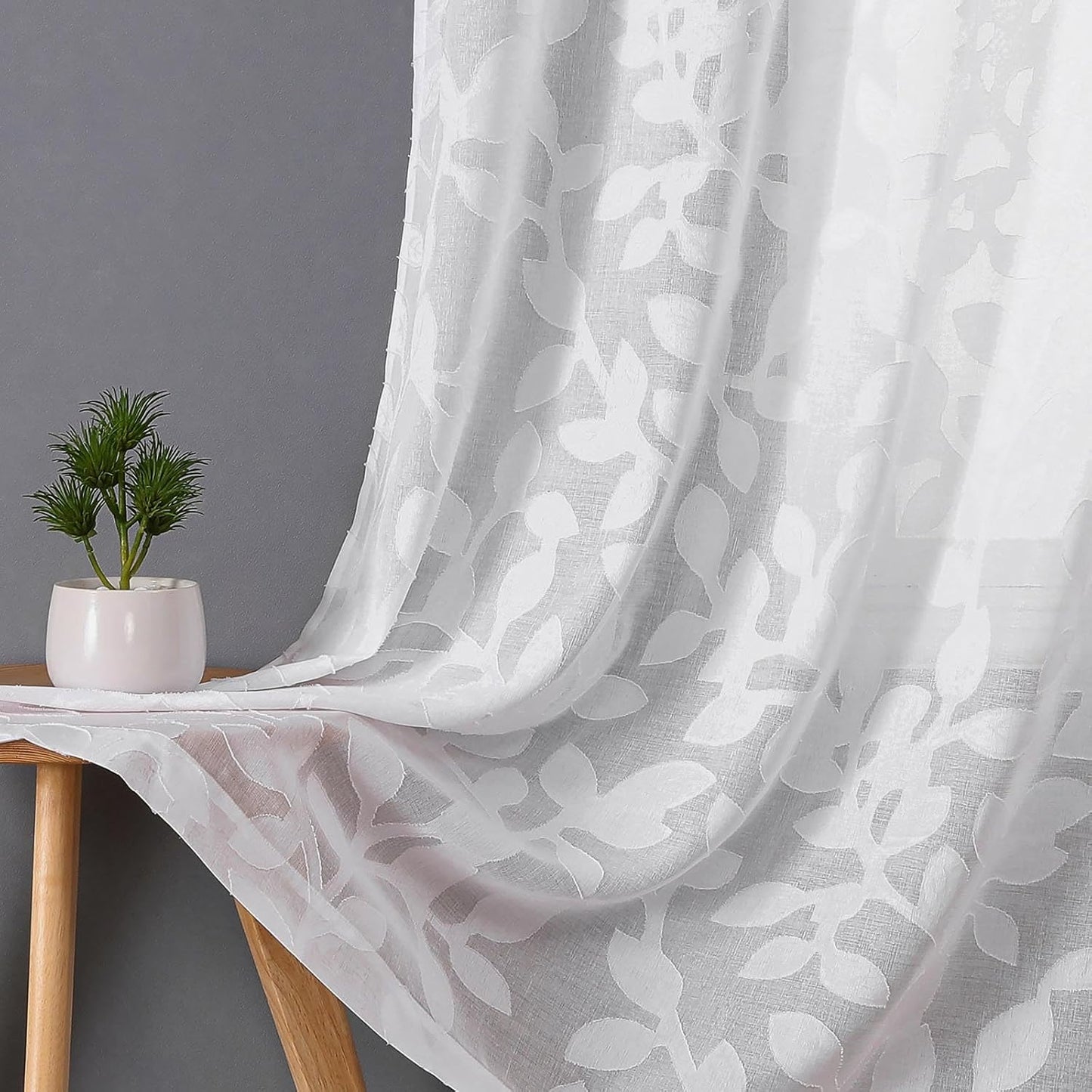White Sheer Curtains 54 inches Long 2 Panels for Living Room, Jacquard Clip Leaf Pattern Textured Light Filtering Window Semi Sheer Voile Drapes for Bedroom, Each Panel 42 x 54 Inch