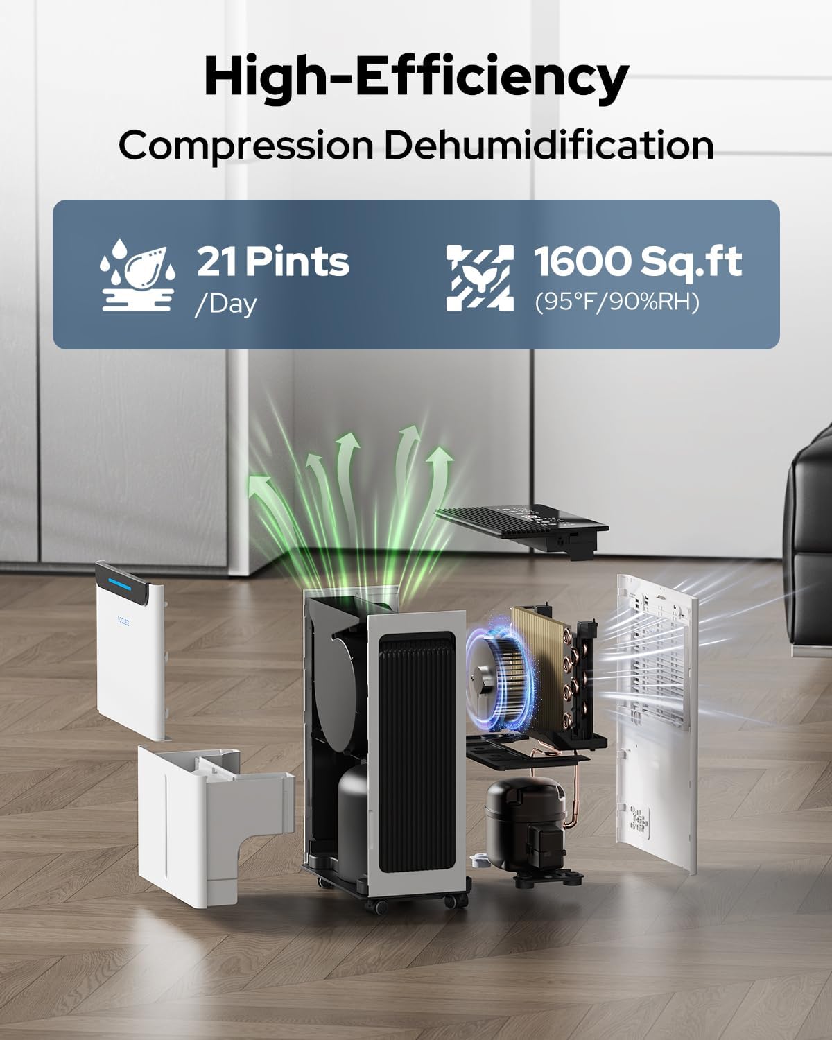 1600 sq.ft compressor dehumidifier for basement, max 21 shown in use