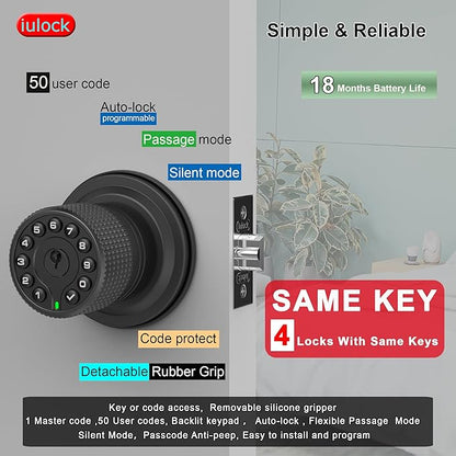 iulock Smart Door Knob with Keypad and Key, Keyless Entry Door Lock with Rubber - Image 2