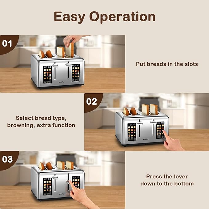 Mecity 4 Slice Toaster with Touch Screen Control, 4 Wide Slots, Stainless Steel - Image 6
