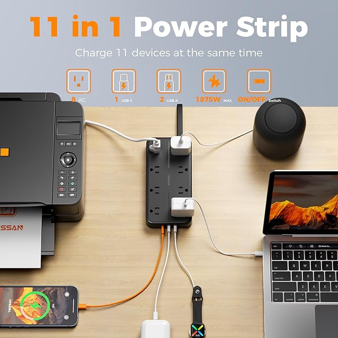2000J Surge Protector Power Strip, TESSAN 5 FT Extension Cord - Image 3