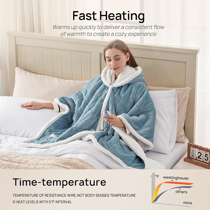 Westinghouse Wearable Heated Throw Blanket, Electric Heated Wrap Poncho Shawl - Image 5