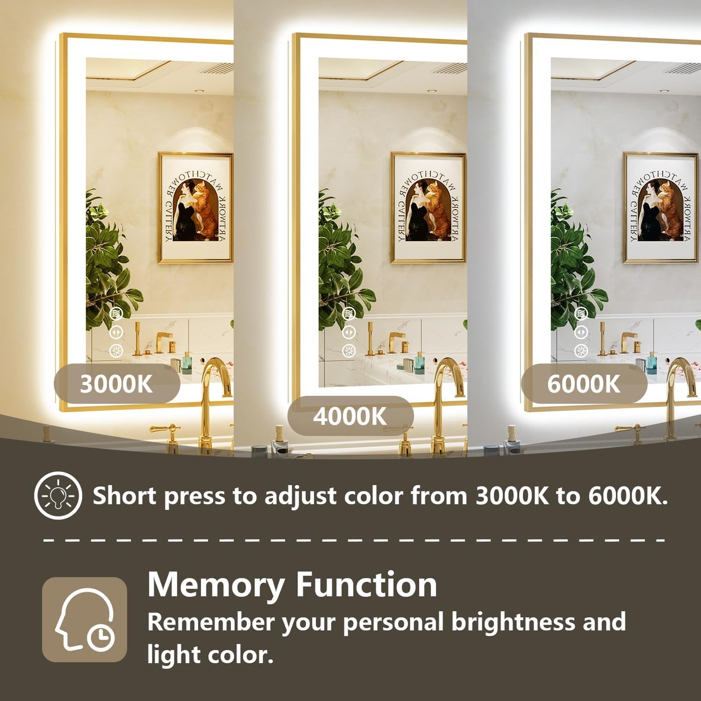 40x30 LED Bathroom Mirror with Lights, Gold Framed Lighted Mirror | Backlit and Front light, Anti-Fog, 3 Color Dimmable, Memory, Tempered Glass, IP54 Waterproof, UL Listed
