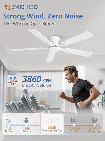 ZMISHIBO 52 Inch Ceiling Fan No Light, Flush Mount Low Profile, Modern White - Image 3