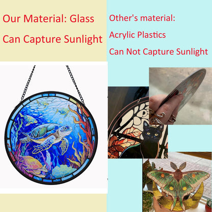 Hanging Stained Glass for Windows,20cm/7.87 inch Turtle Hand-Painted Glass Panel Window Hanging Suncatchers Christmas Ornaments Home Courtyard Decor,Housewarming Gift (Style B)