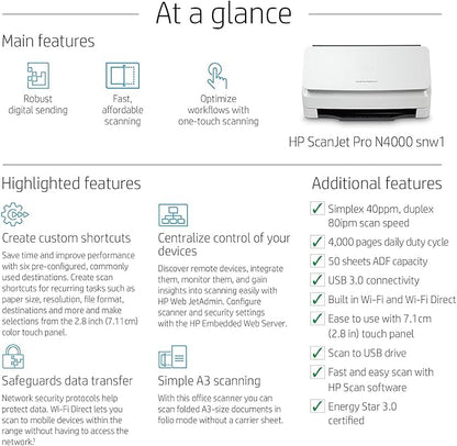 HP ScanJet Pro N4000 snw1 40ppm Wi-Fi/USB Color Duplex Scanner - Image 3