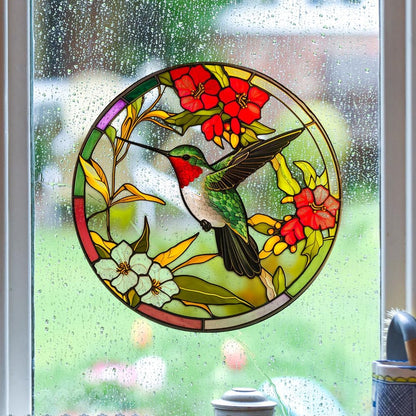 Window Stickers Hummingbird Static Glass Clings Window Decals Flower and Bird Reusable Home Decor(Round)