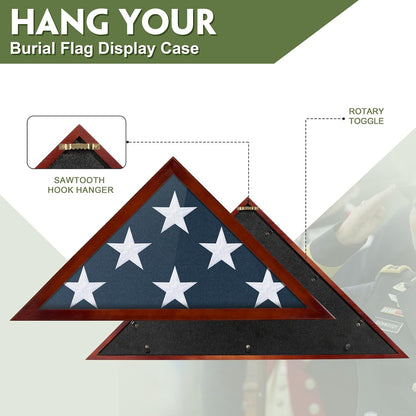 Flag Case for Burial Flag Glass Front, Red Wood for 5'x9.5' Funeral Flag | Memorial Flag Shadow Box for Military Veterans with Glass Covered and Wall Mounted