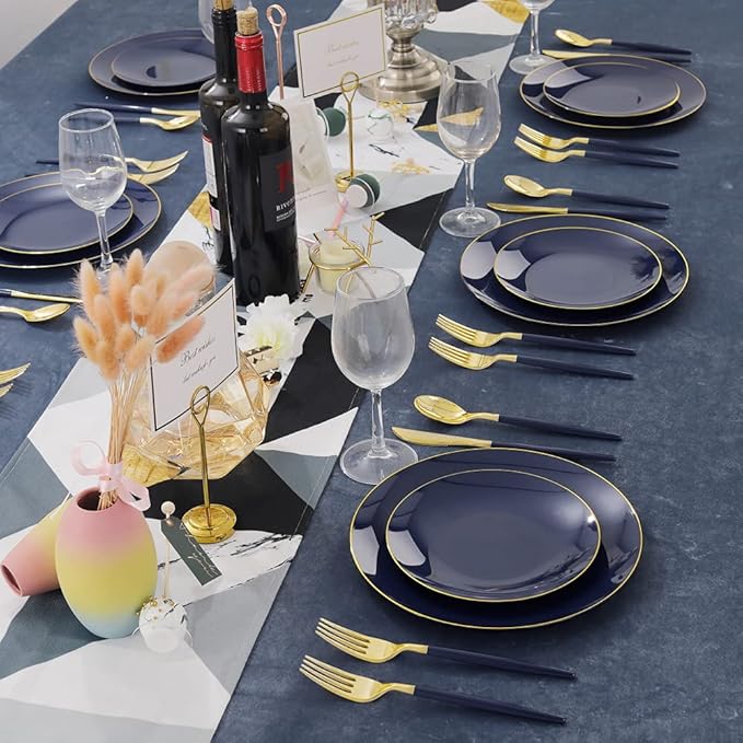 Liacere 150PCS Blue Plastic Plates - Gold Plastic Silverware with Blue Handle...