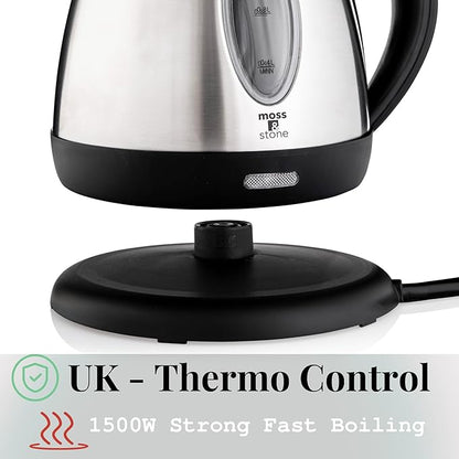Moss & Stone 1.2L Stainless Steel Small Electric Kettle, Cordless 1500w Fast - Image 2