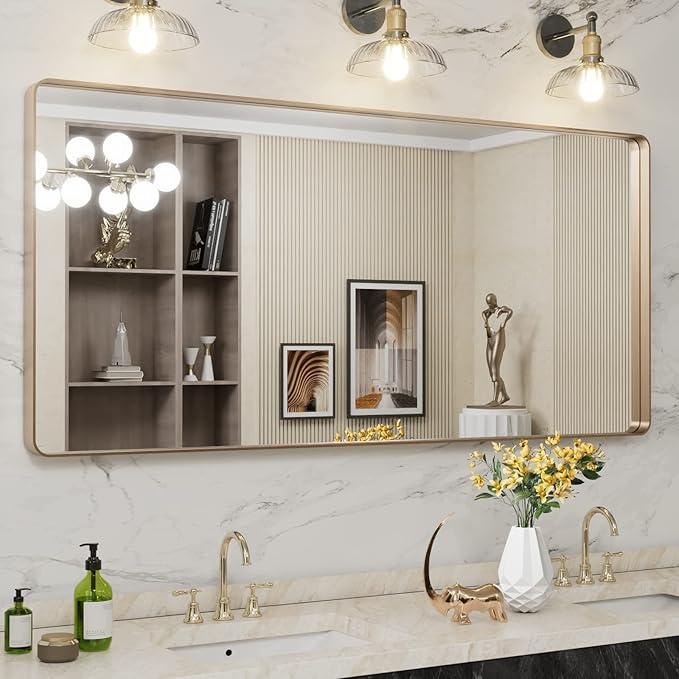 LOAAO 60”X28” Gold Bathroom Mirror, Rounded Rectangle Gold Frame Mirror by LOAAO