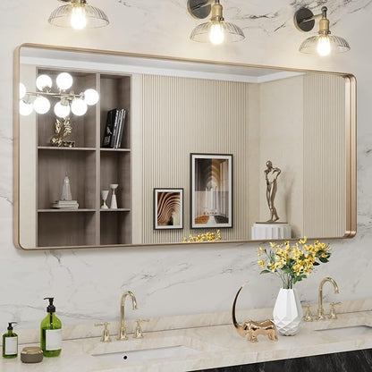 LOAAO 60”X28” Gold Bathroom Mirror, Rounded Rectangle Gold Frame Mirror by LOAAO