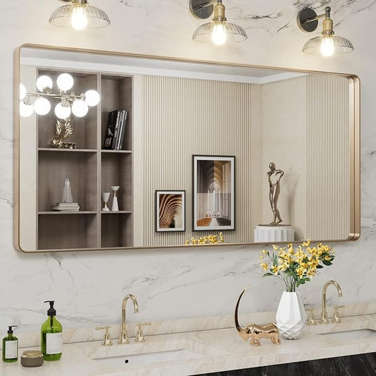 LOAAO 60”X28” Gold Bathroom Mirror, Rounded Rectangle Gold Frame Mirror by LOAAO