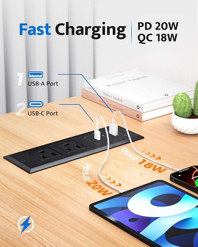 Recessed Power Strip with 20W USB C Port, Fast Charging USB A Port Conference - Image 3