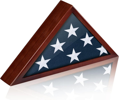 Flag Case for Burial Flag Glass Front, Red Wood for 5'x9.5' Funeral Flag | Memorial Flag Shadow Box for Military Veterans with Glass Covered and Wall Mounted
