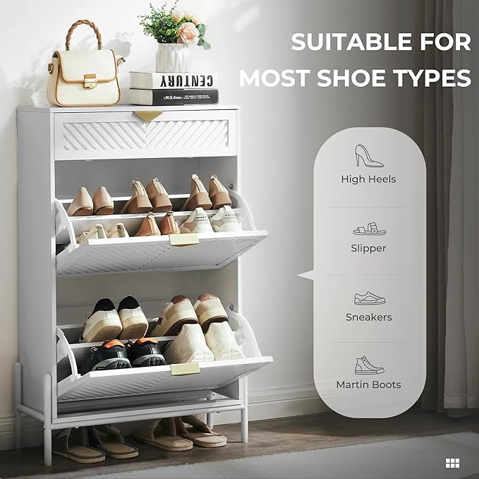 Shoe Cabinet Storage with 2 Flip Drawers, Narrow Hidden Shoes Cabinet Organizer - Image 3