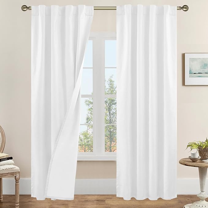 LAMIT White 100% Blackout Linen Curtains 84 Inches Long, Linen Textured Living by LAMIT