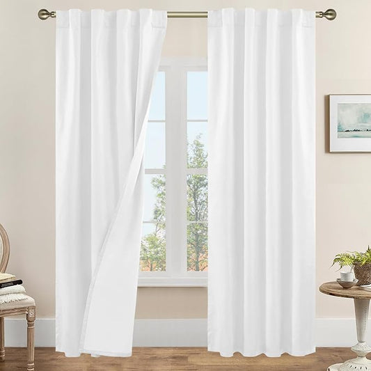 LAMIT White 100% Blackout Linen Curtains 84 Inches Long, Linen Textured Living by LAMIT
