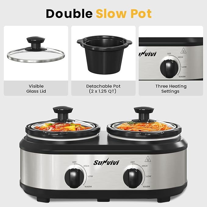 Sunvivi Dual Slow Cooker, Buffet Server and Food Warmer, Small Mini Pot - Image 4
