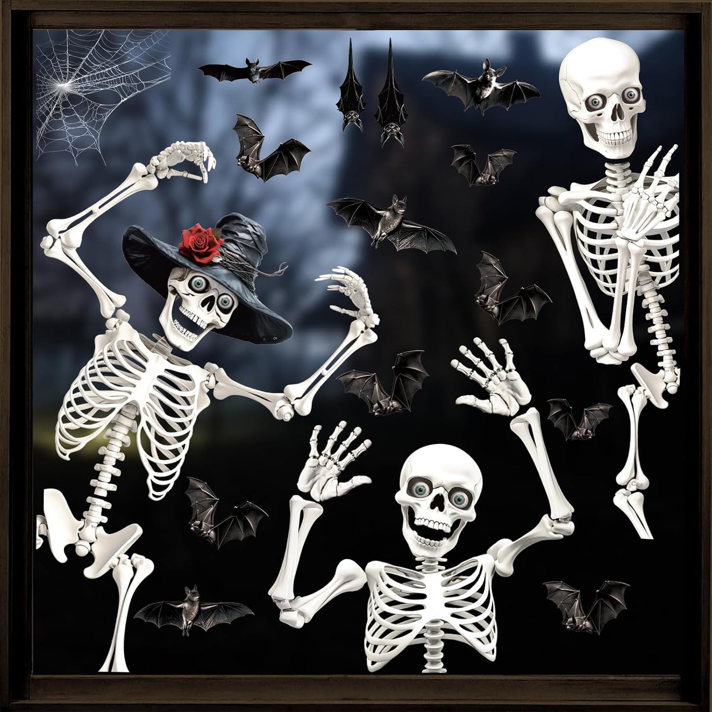 Large Halloween Window Clings, Skeleton Window Stickers Double-Sided Home Bats Sticker Decals Extra Large Halloween Decorations Indoor Outdoor Room Glass Party Decor