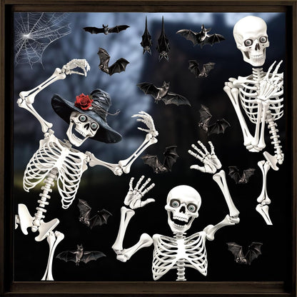 Large Halloween Window Clings, Skeleton Window Stickers Double-Sided Home Bats Sticker Decals Extra Large Halloween Decorations Indoor Outdoor Room Glass Party Decor