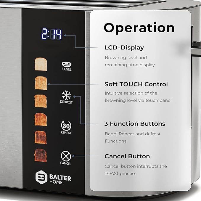 Toaster 4 Slice Wide Slot, Bagel Function, Long Slot, Stainless Steel, Touch - Image 6