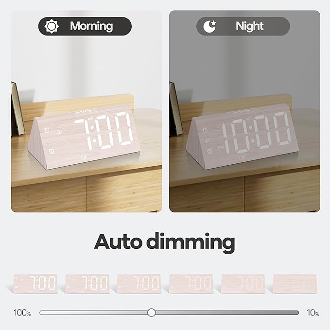 Digital Alarm Clock, with Wooden Electronic LED Time Display, 3 Alarm Settings - Image 6