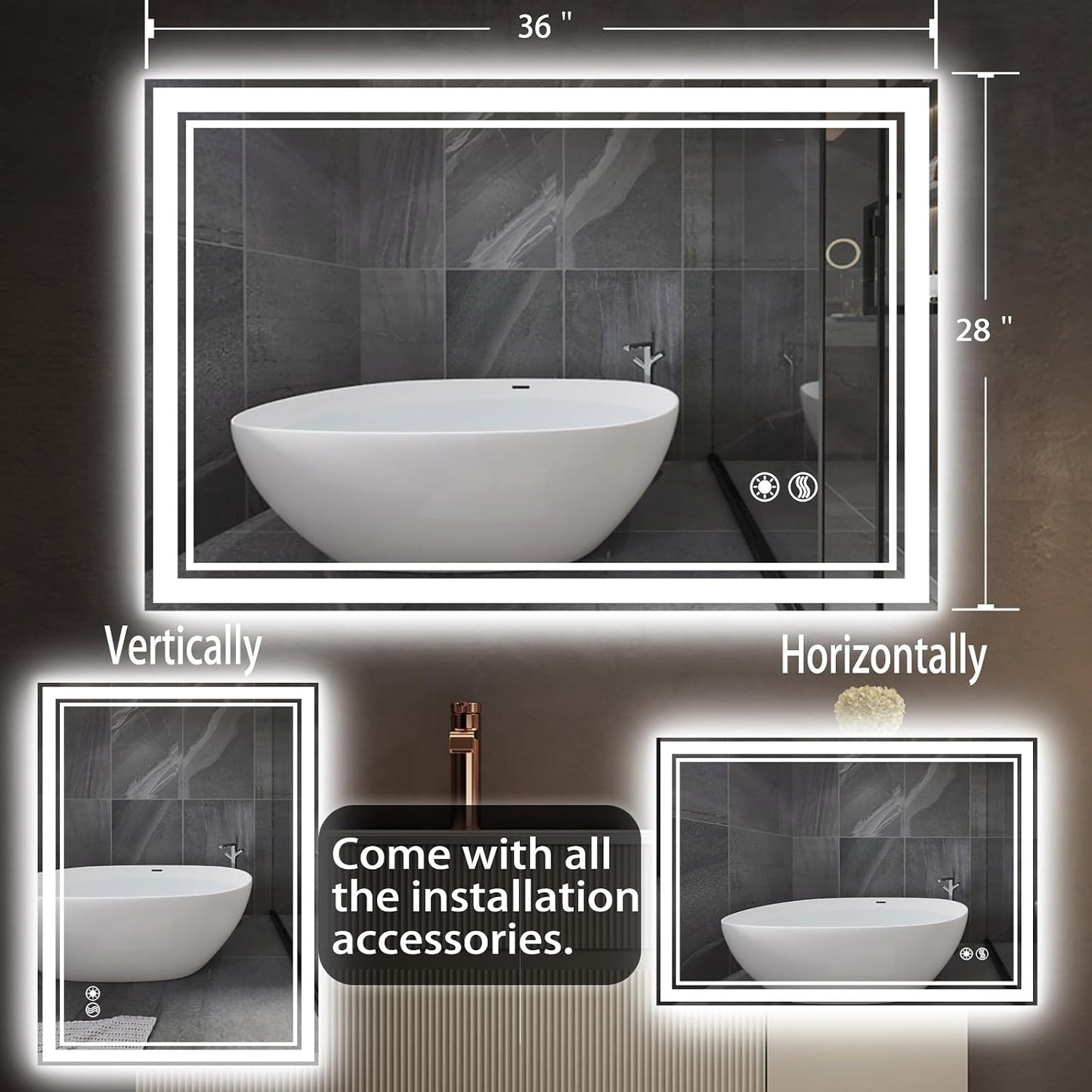 28 x 36'' LED Mirror for Bathroom Anti-Fog Bathroom Mirror Dimmable 3 Colors Touch Sensor Bathroom Mirror with Lights Smart Vanity Mirror Switch/Plug in Wall Mounted Horizontal/Vertical