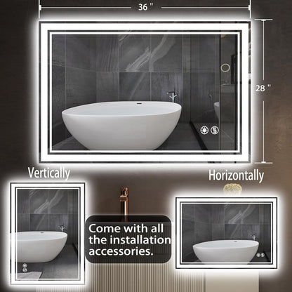 28 x 36'' LED Mirror for Bathroom Anti-Fog Bathroom Mirror Dimmable 3 Colors Touch Sensor Bathroom Mirror with Lights Smart Vanity Mirror Switch/Plug in Wall Mounted Horizontal/Vertical