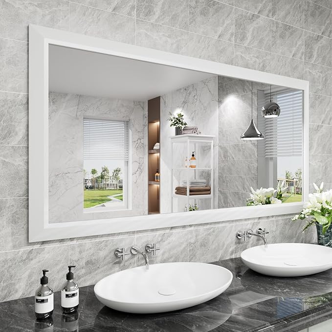 Amorho Bathroom Mirror, 60 X30 Inch White Thick Metal Framed Wall Mirrors by Amorho