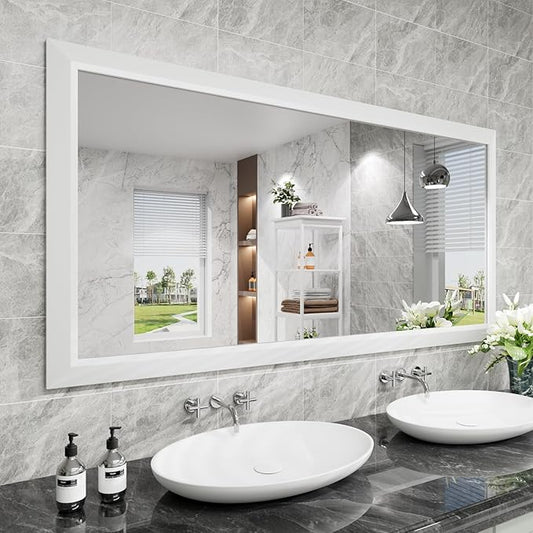 Amorho Bathroom Mirror, 60 X30 Inch White Thick Metal Framed Wall Mirrors by Amorho
