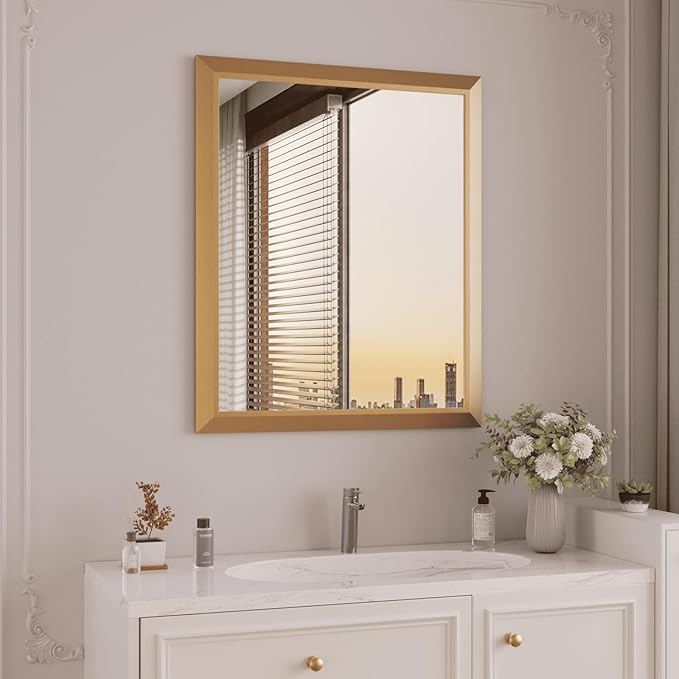Amorho Bathroom Mirror, 30x36 Inch Golden Thick Metal Framed Wall Mirrors by Amorho