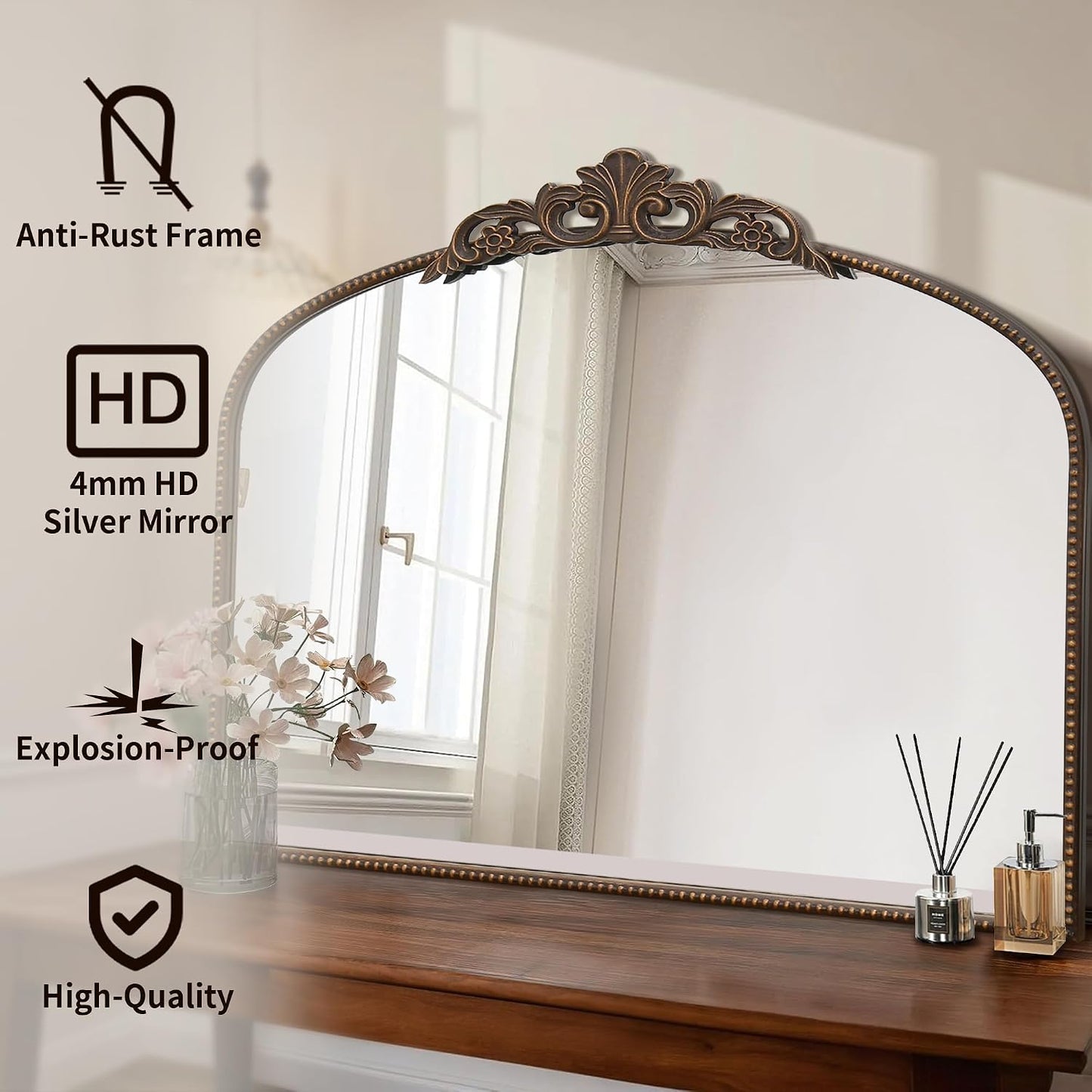 Micasso Vintage Bronze Wall Mirror: 40"x29" Baroque Antique Arched Mirror | Traditional Ornate French Decorative Mirror for Bedroom/Bathroom/Fireplace/Entryway/Hallway/Dresser/Vanity/Mantel/Nightstand