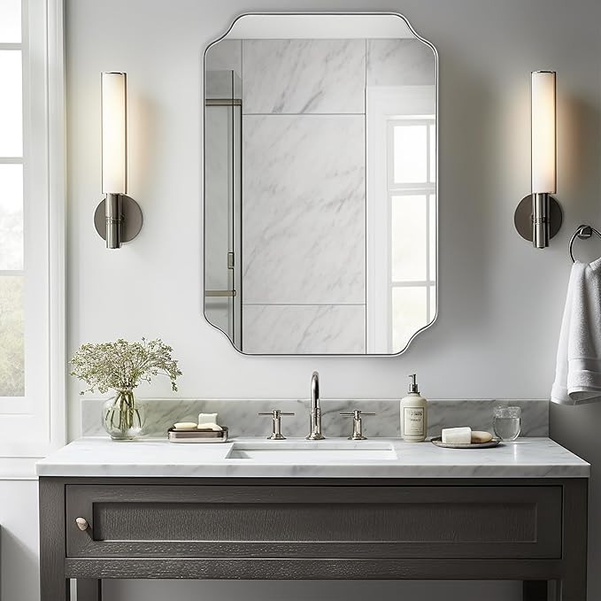 ANDY STAR Scalloped Bathroom Mirror, 24x36 Inch Brushed Nickel Rectangle Mirror by ANDYSTAR
