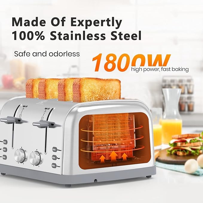 Toaster 4 Slice Retro Stainless Steel, Best Prime 4 Slice Toaster Wide Solt - Image 3