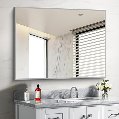 30x40In Silver Bathroom Mirror for Wall, Brushed Nickel Rectangle Mirrors by Welcometocofeny