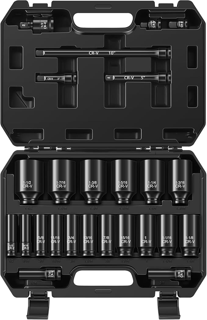 25-Piece 1/2" Drive Socket Set, Deep Sockets, Extension Bars, 1/2" F to 3/8" M by Reniteco