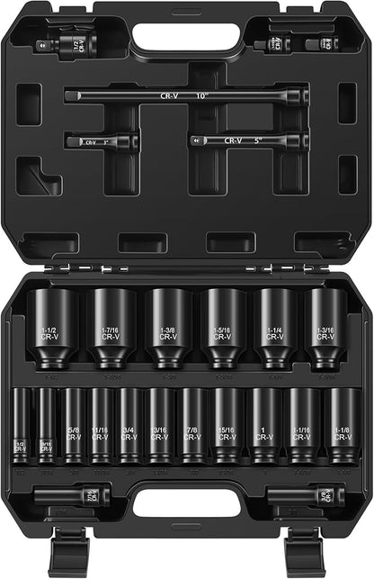 25-Piece 1/2" Drive Socket Set, Deep Sockets, Extension Bars, 1/2" F to 3/8" M by Reniteco