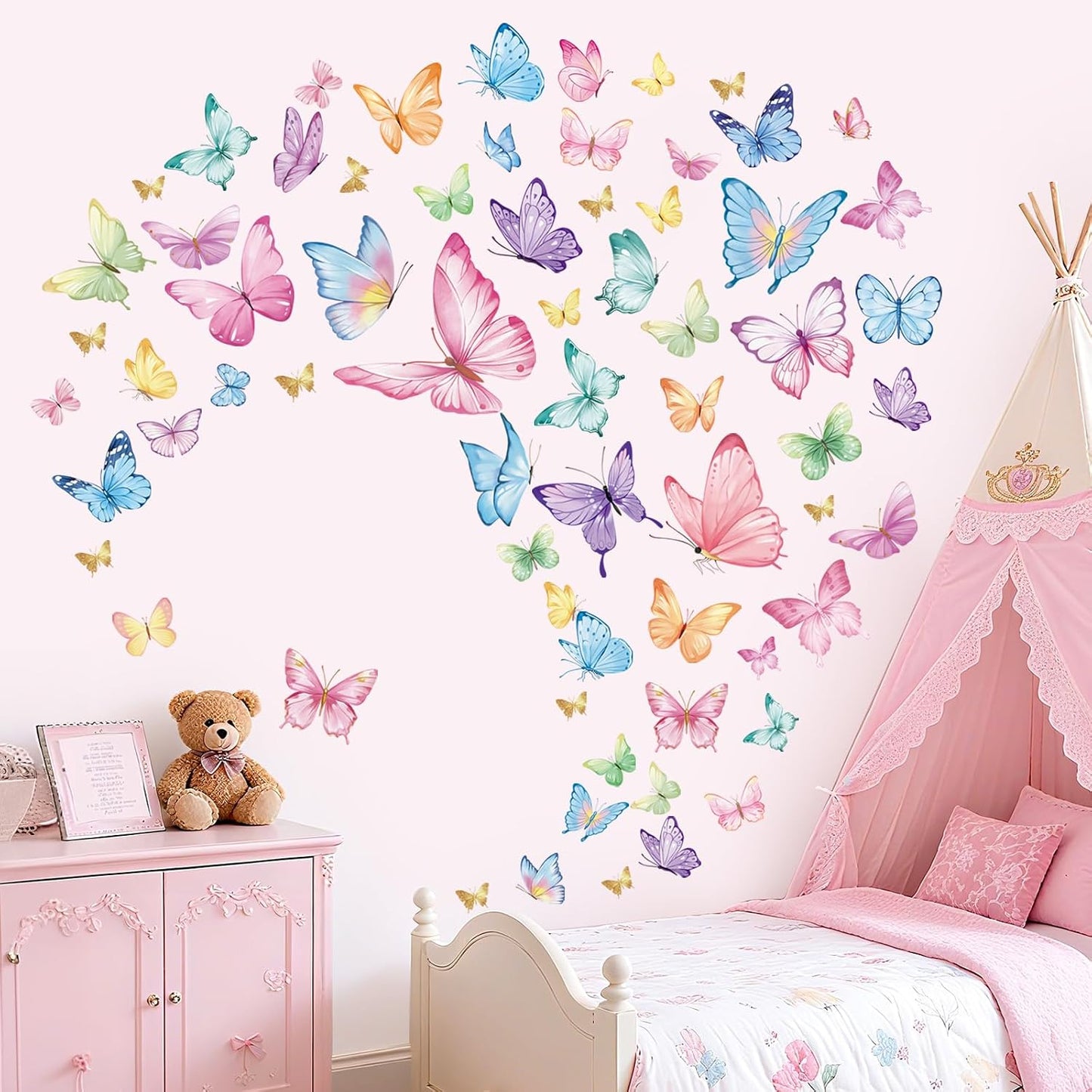 wondever Watercolor Butterfly Wall Decals Pink Butterflies Wall Stickers | Peel and Stick, Removable, Wall Art Decals, Wall Decoration, Kids Room, Girls Bedroom Baby Nursery Playroom Decor