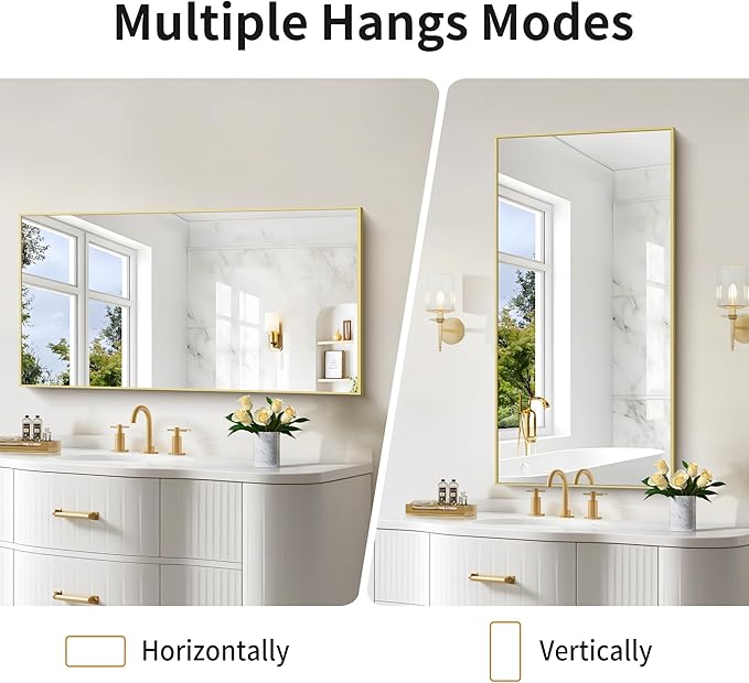 48x24In Gold Bathroom Mirror for Wall, Brushed Gold Rectangle Mirrors - Image 3