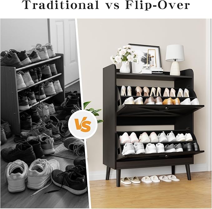 Shoe Storage Cabinet with 2 Flip Drawers & Adjustable Shelves, Freestanding - Image 8