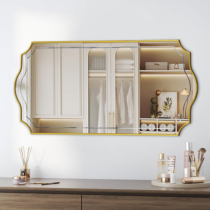 POZINO 47"x24" Large Scalloped Wall Mirror with Gold Wood Frame | Irregular Rectangle Design, Horizontal/Vertical Hanging, Elegant Wavy Wall Mirror for Entryway Bedroom Bathroom Living Room